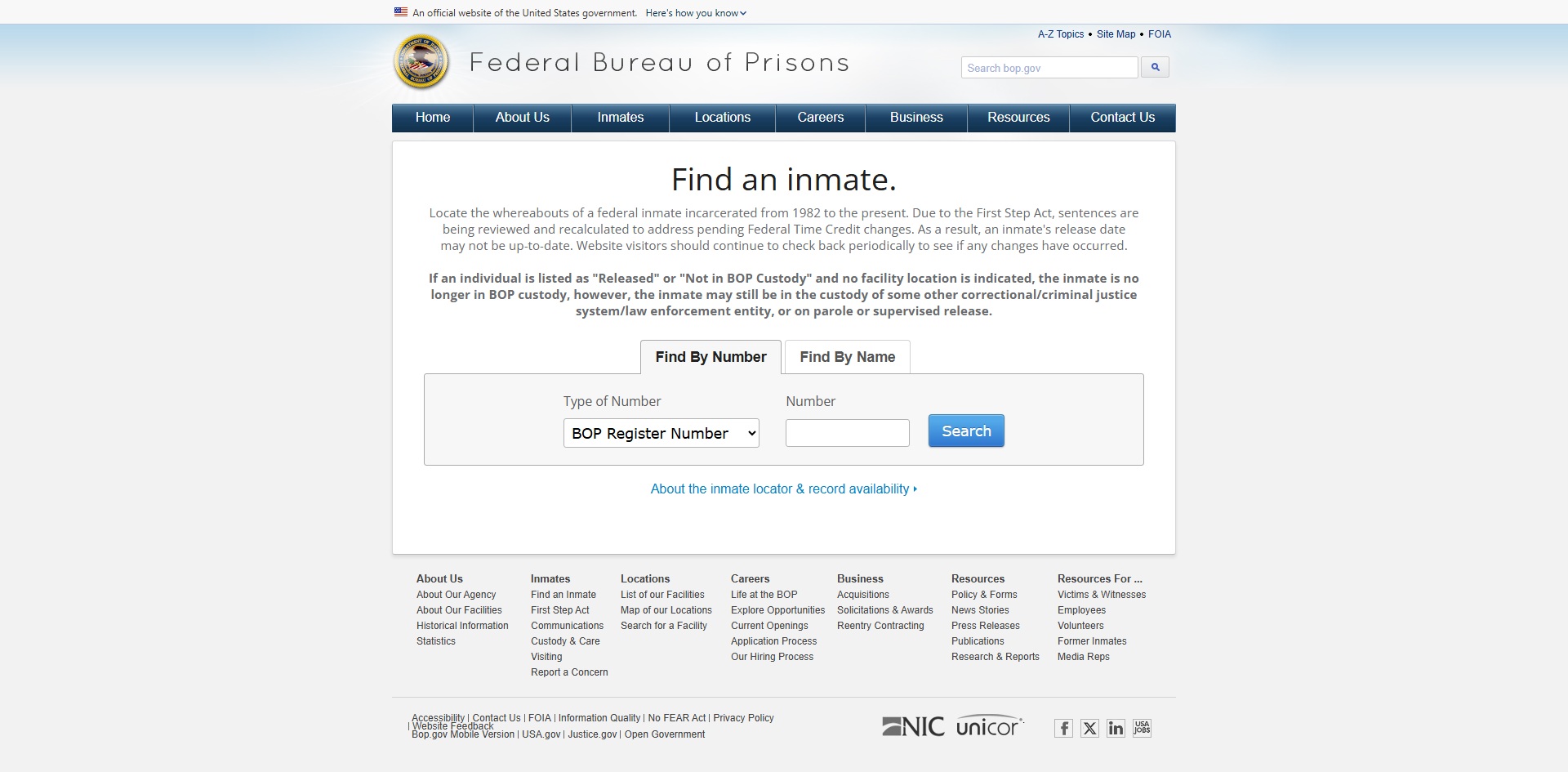 Federal Bureau of Prisons inmate locator tool showing how to search for federal prison inmates by name or registration number