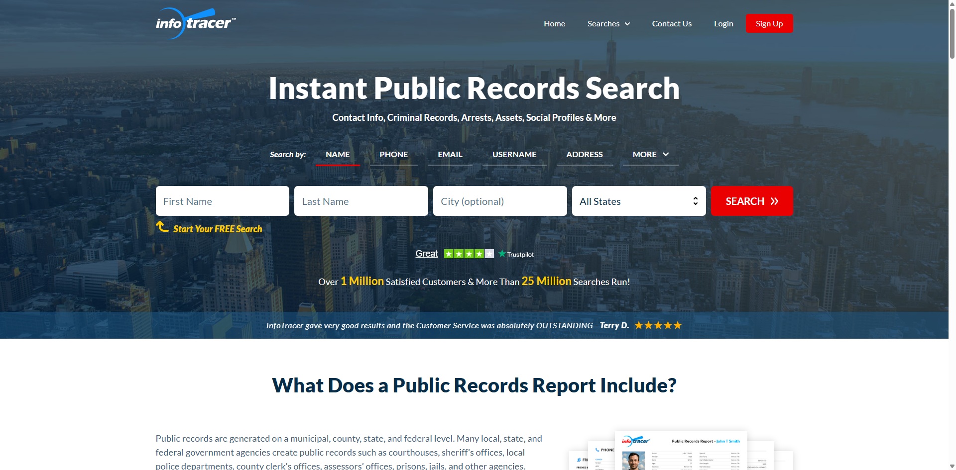 InfoTracer deep web search showing criminal records, court data quantity preview, and $2.95 7-day trial offer