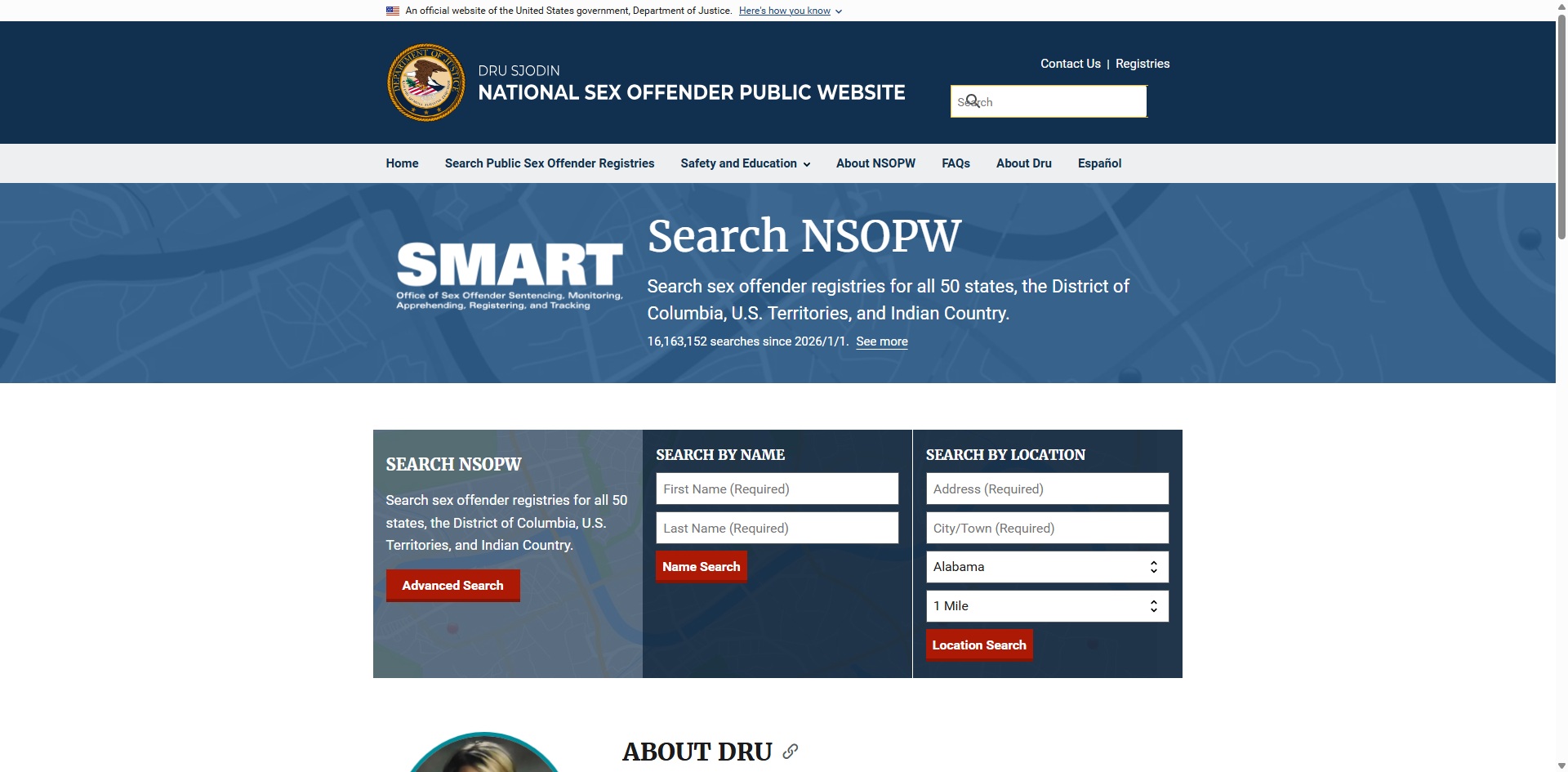 National Sex Offender Public Website search interface showing how to search for registered sex offenders by name or location