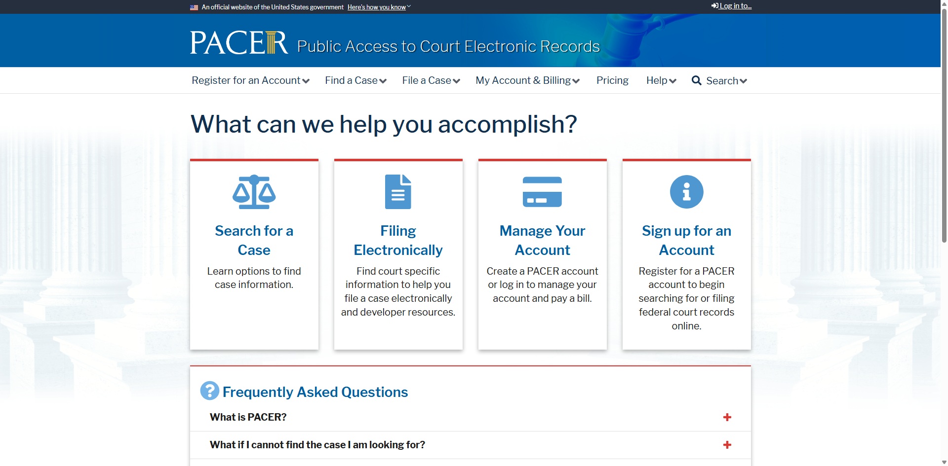 PACER federal court records system showing access to federal appellate, district, and bankruptcy court case information